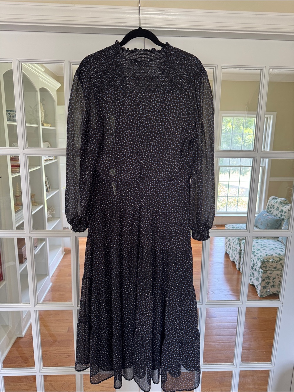 Smocked Neck Black Pattern Midi Dress - Cefinn - Picture 4 of 5